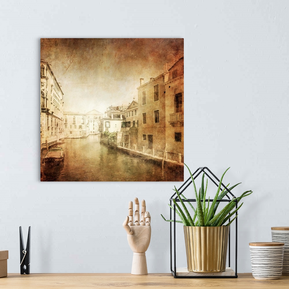 A bohemian room featuring Vintage photo of Venetian canal, Venice, Italy.