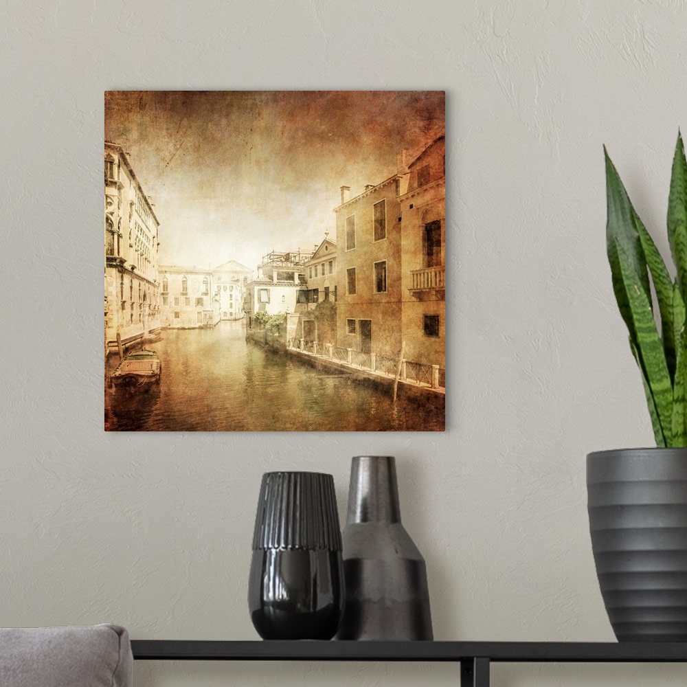 A modern room featuring Vintage photo of Venetian canal, Venice, Italy.