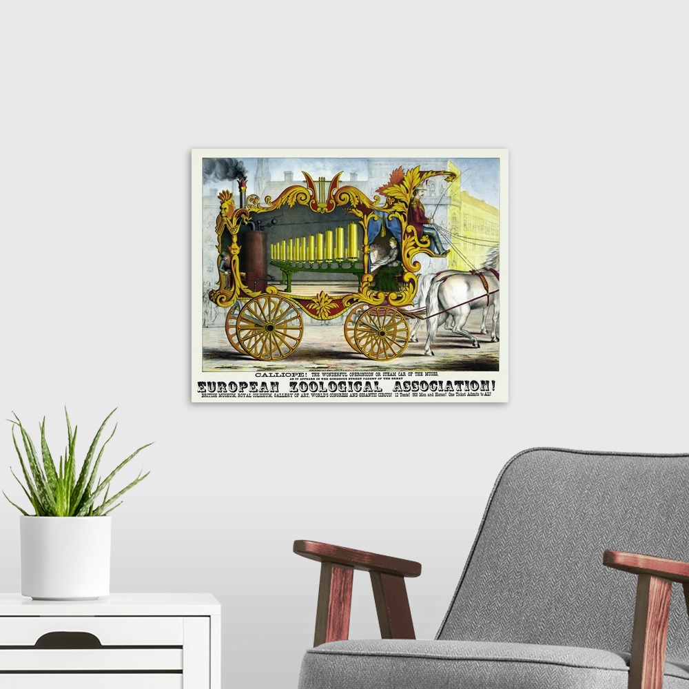 A modern room featuring Vintage Poster Of A Calliope Steam Organ Used In Circuses