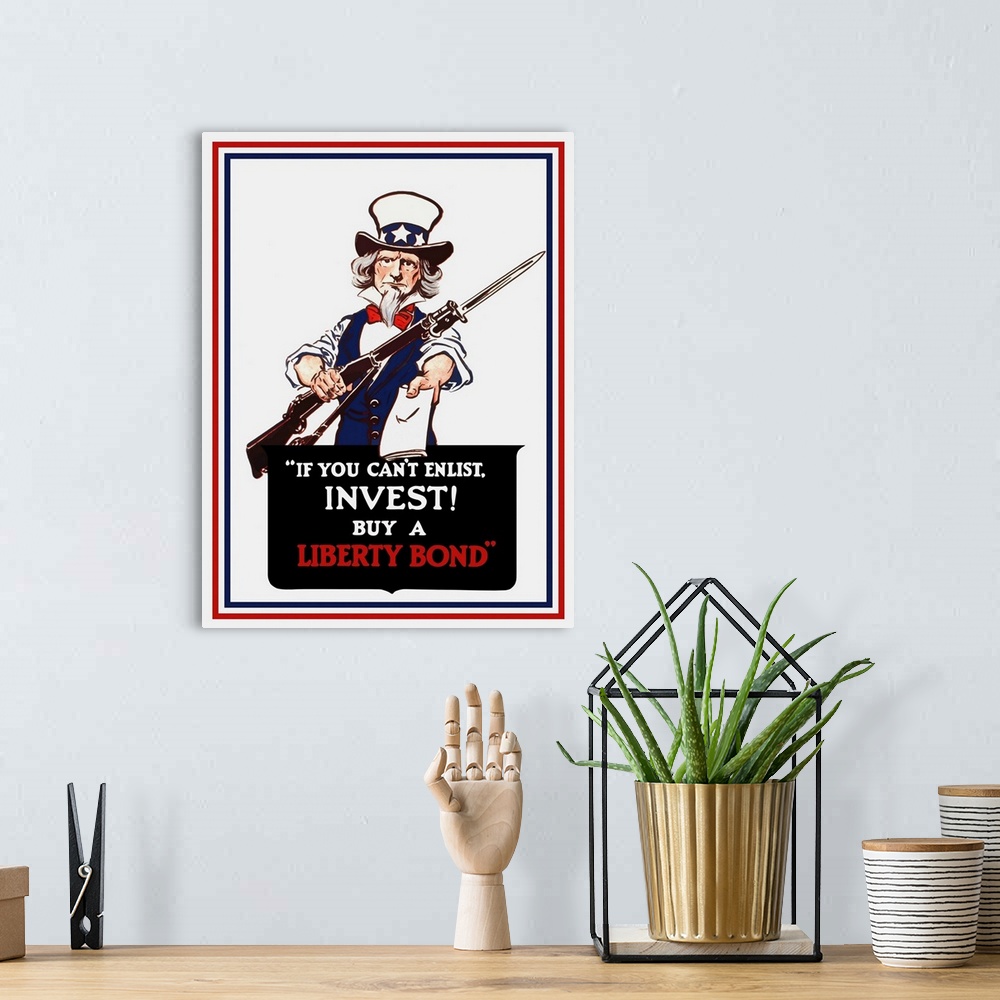 A bohemian room featuring Vintage poster of Uncle Sam holding a rifle and holding out a liberty bond.