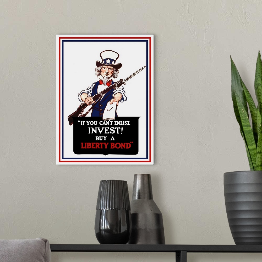 A modern room featuring Vintage poster of Uncle Sam holding a rifle and holding out a liberty bond.