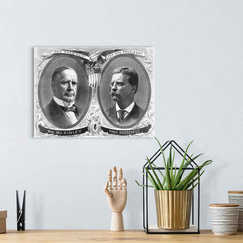 A bohemian room featuring Vintage presidential election poster of President William McKinley and his running mate, Theodore...