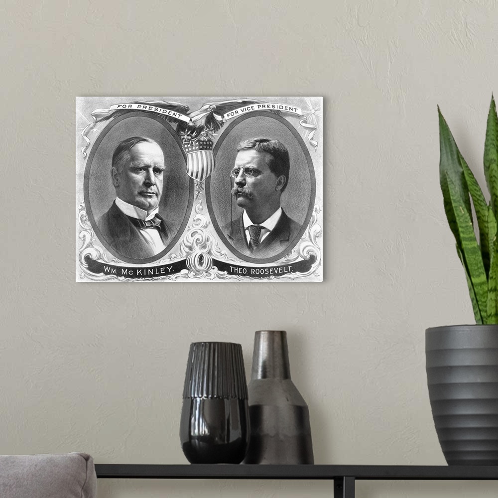 A modern room featuring Vintage presidential election poster of President William McKinley and his running mate, Theodore...