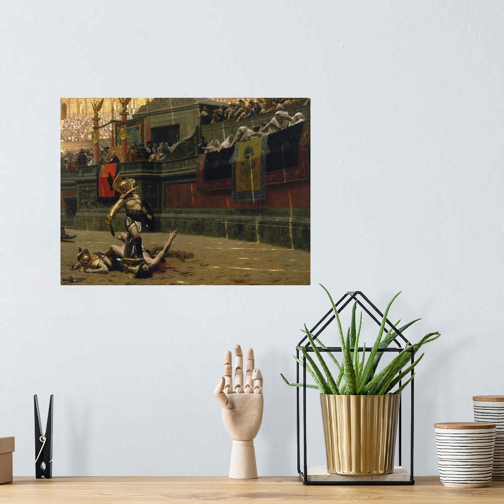 A bohemian room featuring Vintage print of a Roman Gladiator with his defeated opponent.