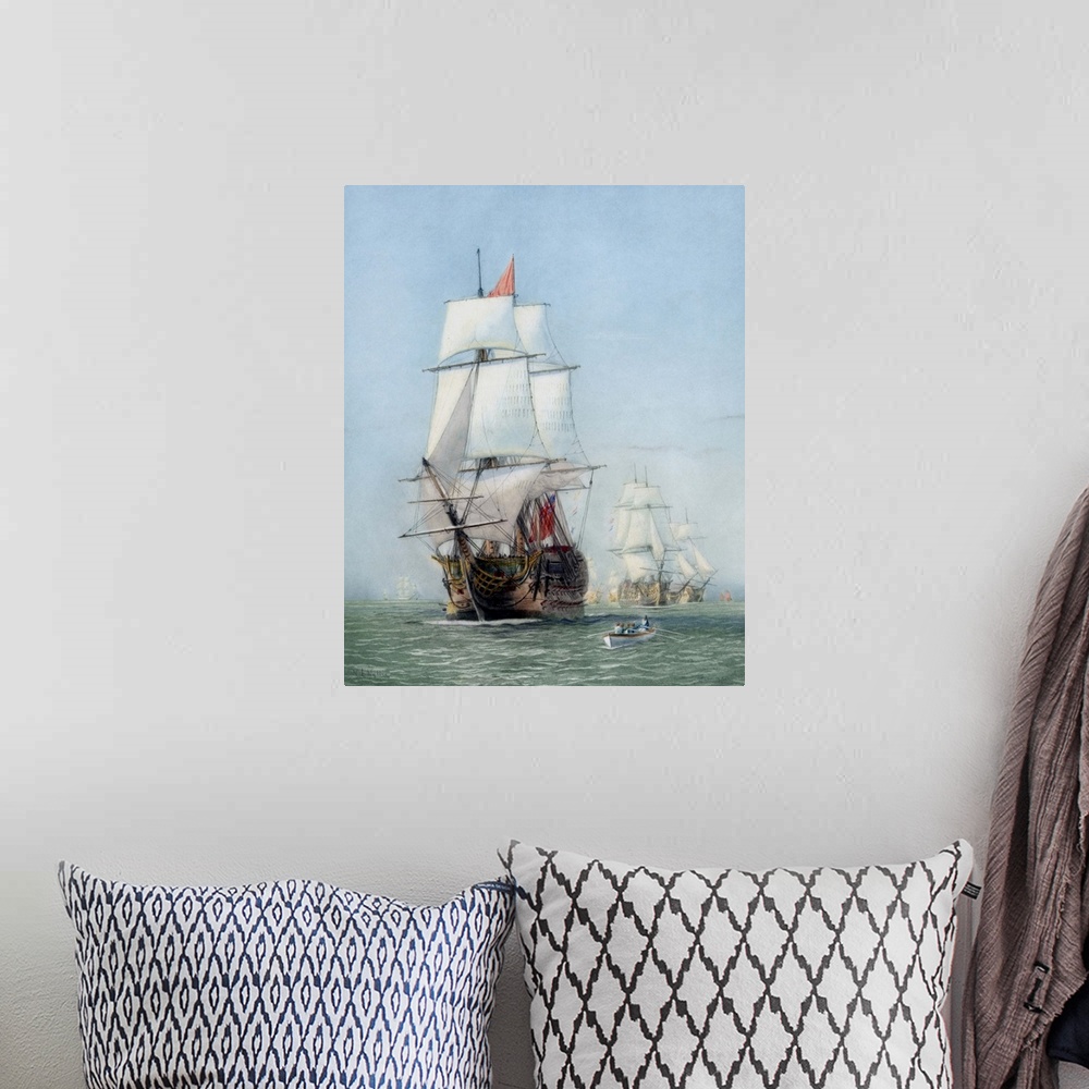 A bohemian room featuring Vintage print of HMS Victory of the Royal Navy.