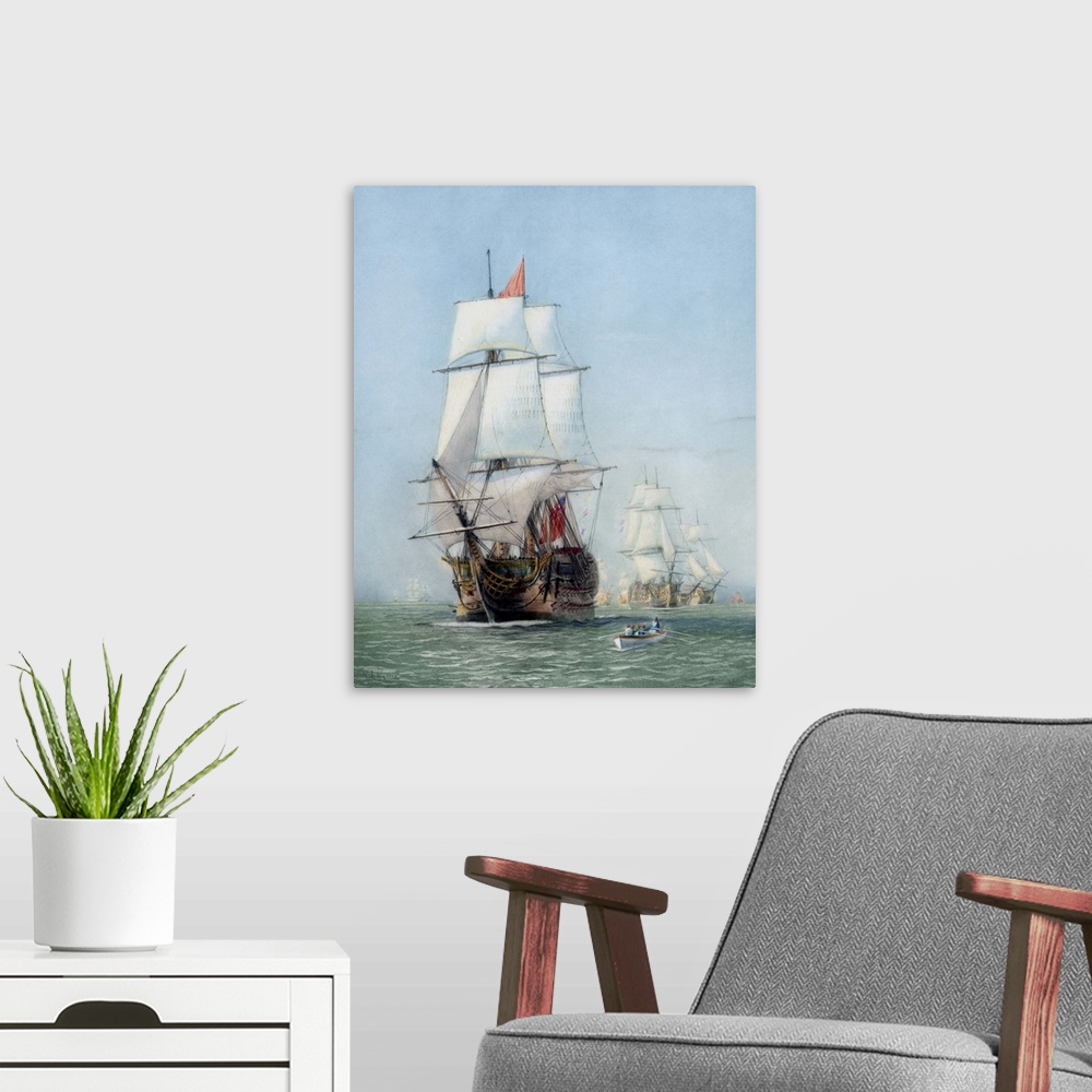 A modern room featuring Vintage print of HMS Victory of the Royal Navy.