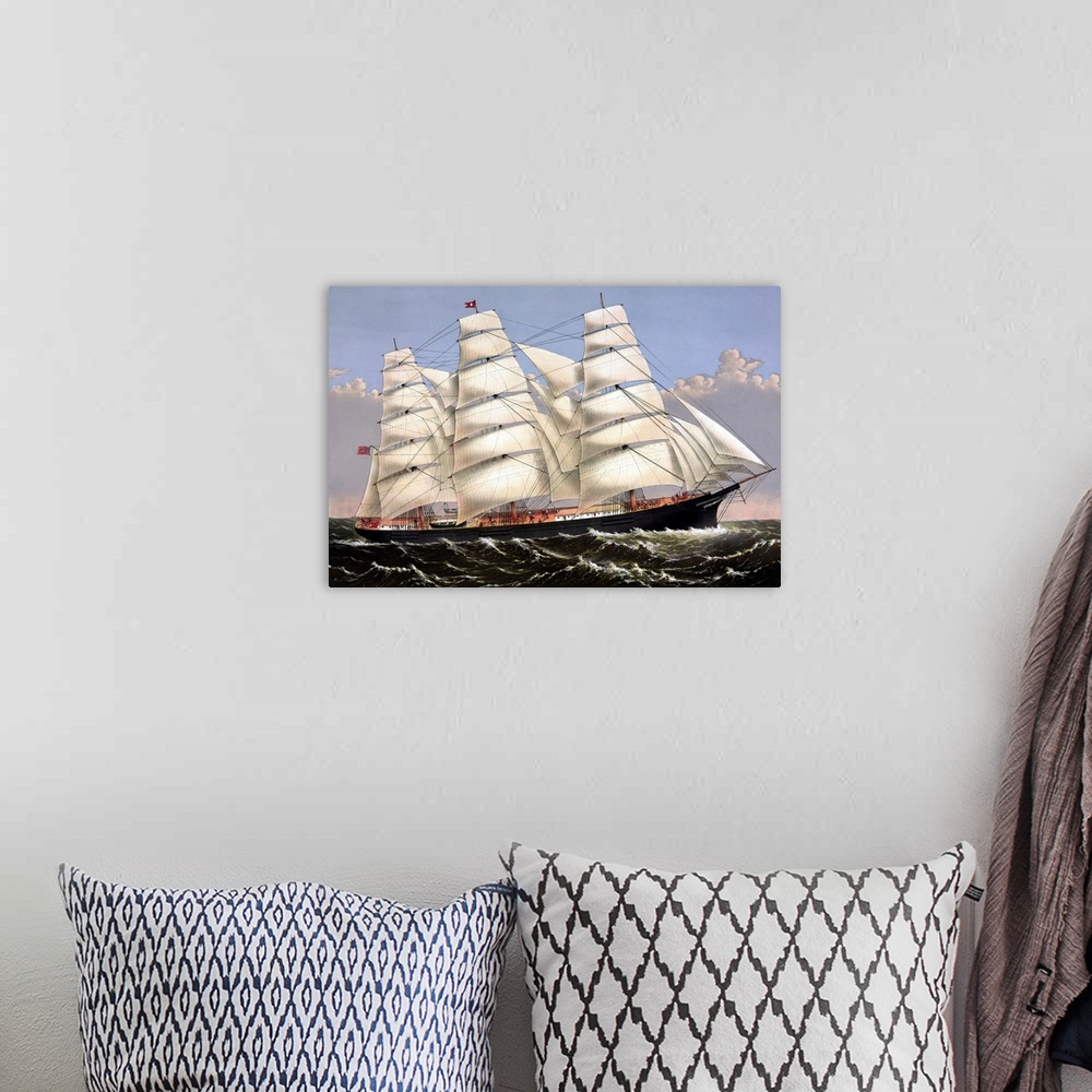 A bohemian room featuring Vintage print of the Clipper ship Three Brothers.