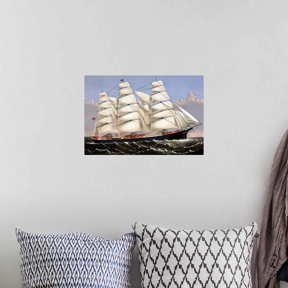 A bohemian room featuring Vintage print of the Clipper ship Three Brothers.