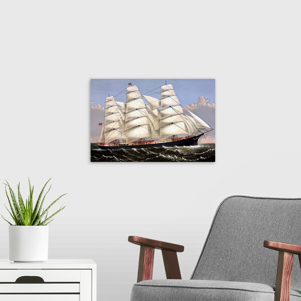 A modern room featuring Vintage print of the Clipper ship Three Brothers.