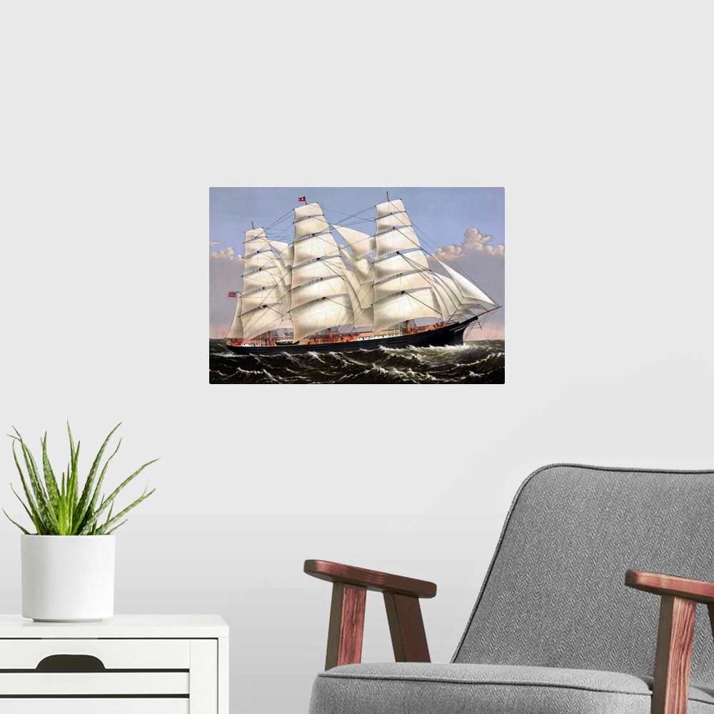 A modern room featuring Vintage print of the Clipper ship Three Brothers.