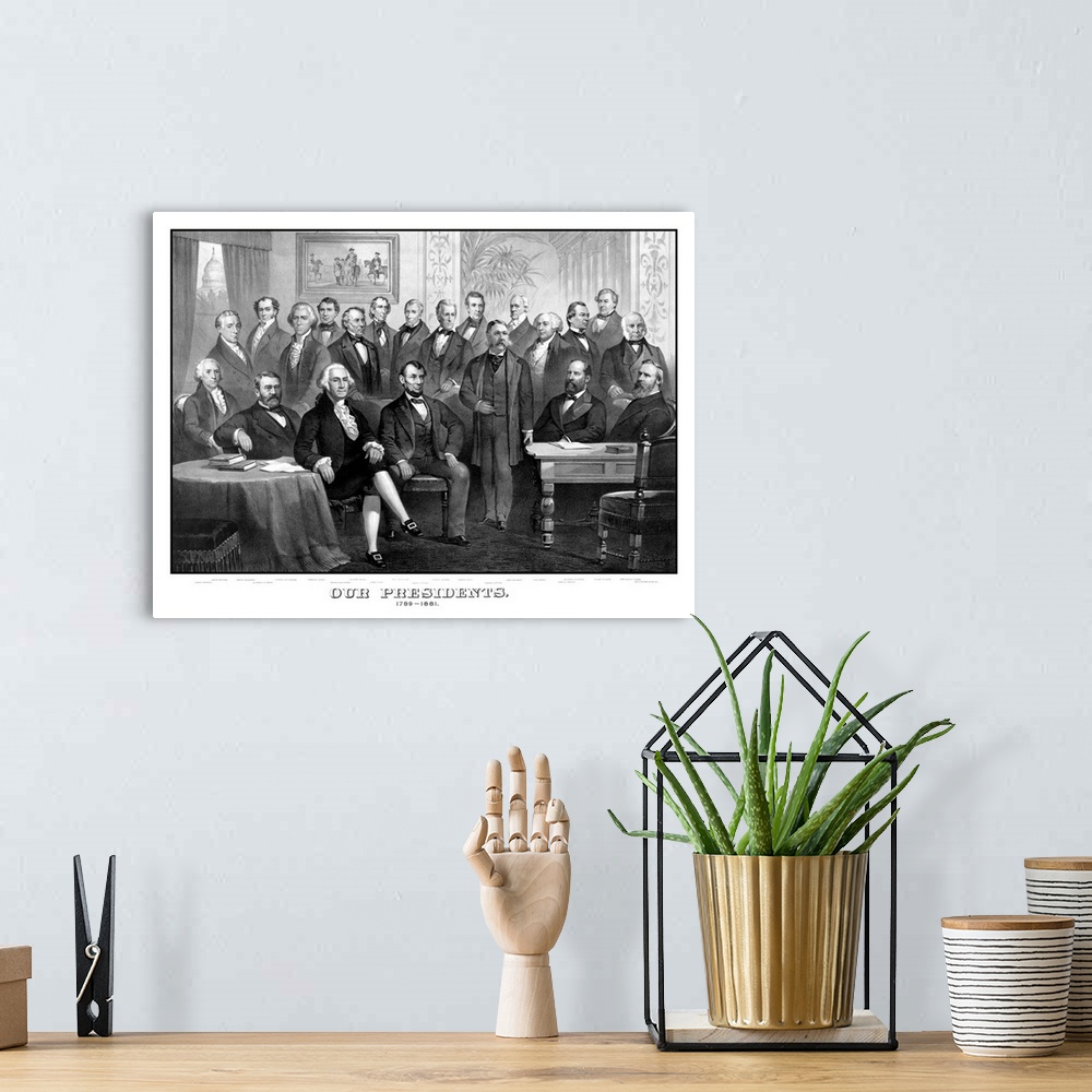 A bohemian room featuring Vintage American history print of the first twenty-one Presidents of The United States seated tog...