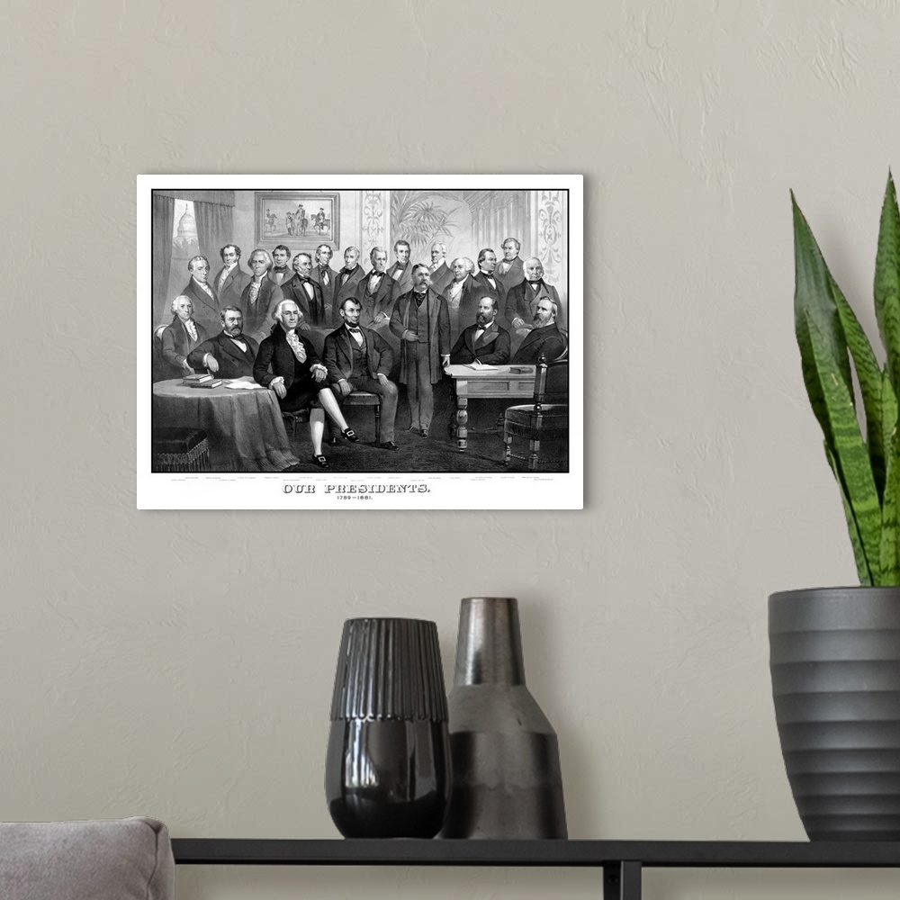 A modern room featuring Vintage American history print of the first twenty-one Presidents of The United States seated tog...
