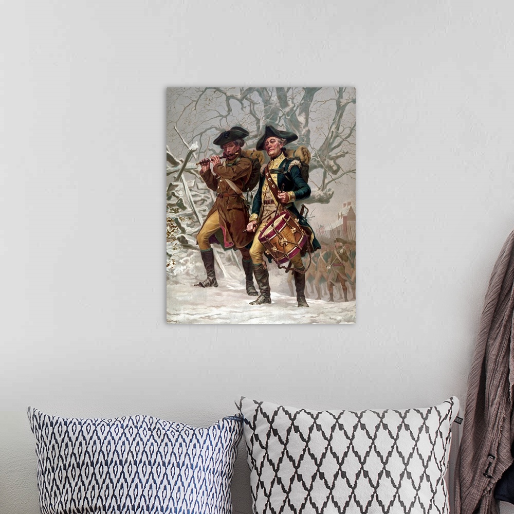 A bohemian room featuring Vintage Revolutionary War Print of American minutemen being led into battle by a drummer and a so...