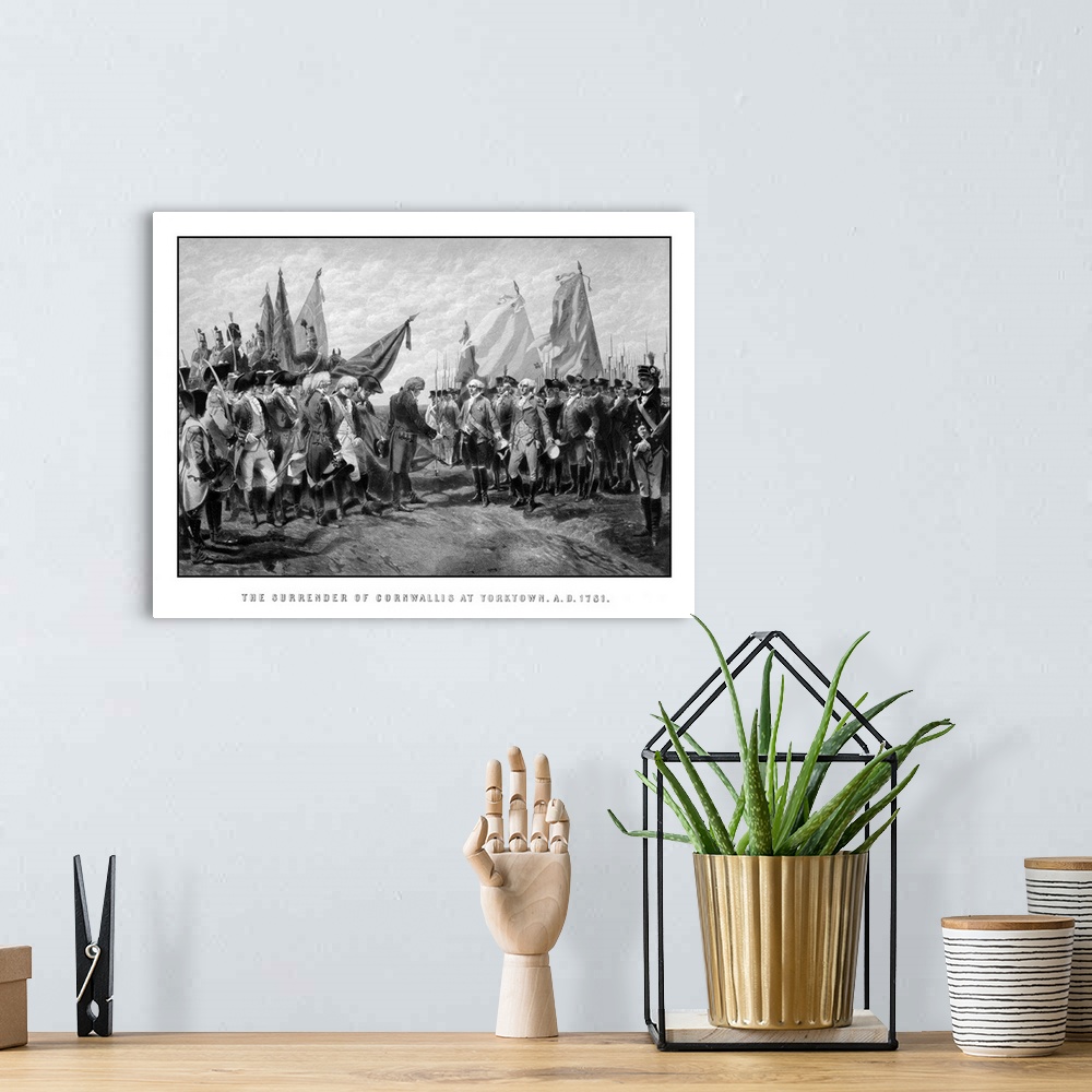 A bohemian room featuring Vintage Revolutionary War print showing the surrender of British troops to General George Washing...