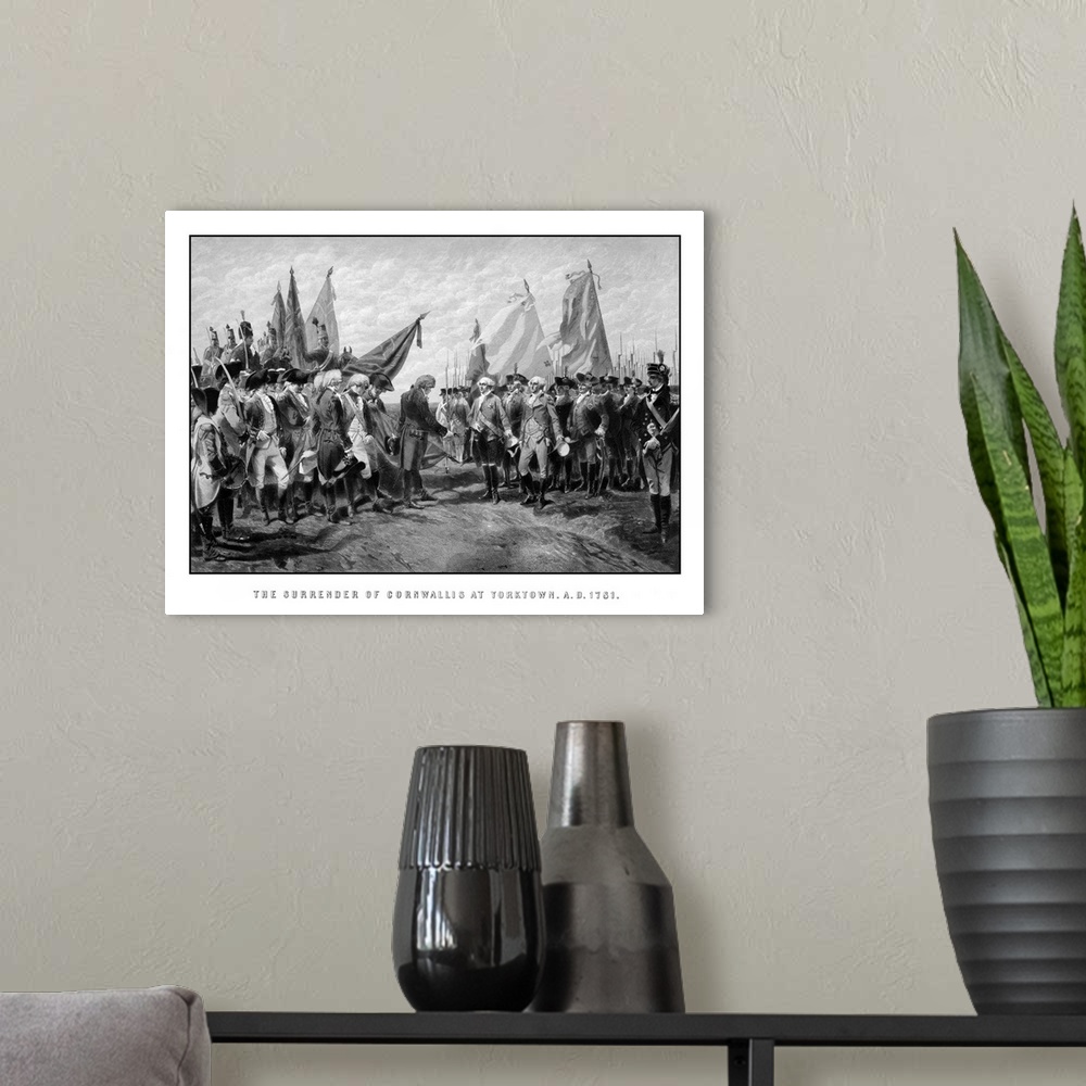 A modern room featuring Vintage Revolutionary War print showing the surrender of British troops to General George Washing...