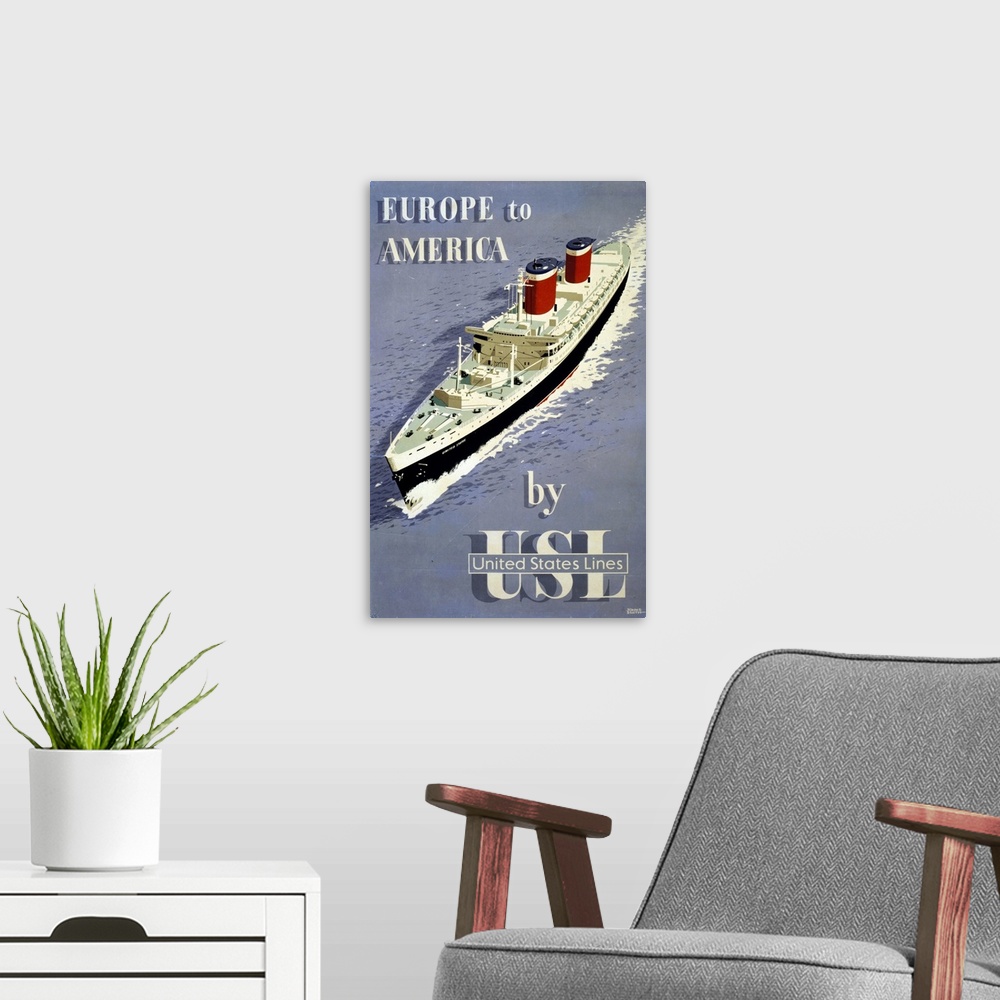 A modern room featuring Vintage Travel Poster At Sea, Europe To America By United States Lines, 1955