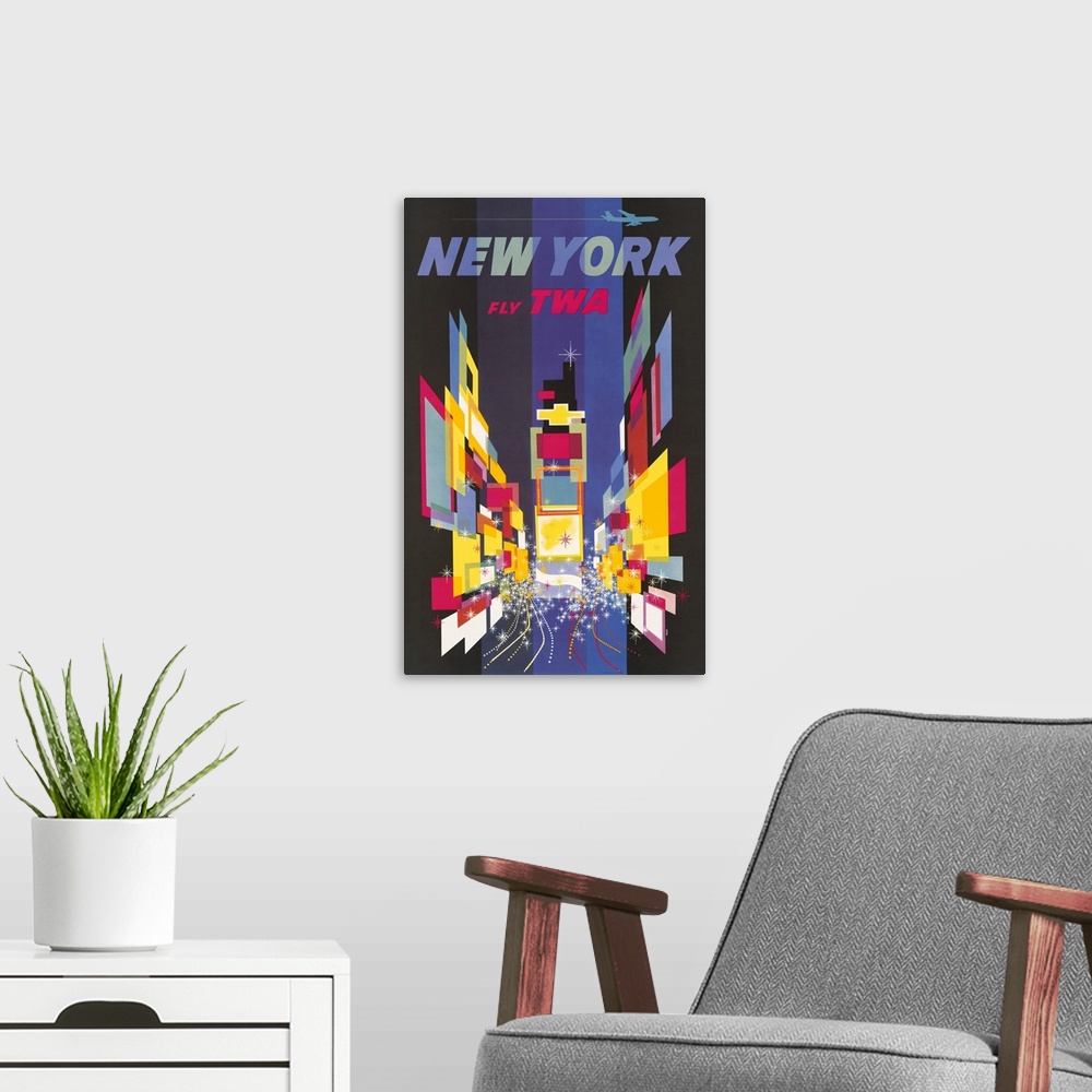 A modern room featuring Vintage Travel Poster, Fly TWA, New York, Times Square, 1956