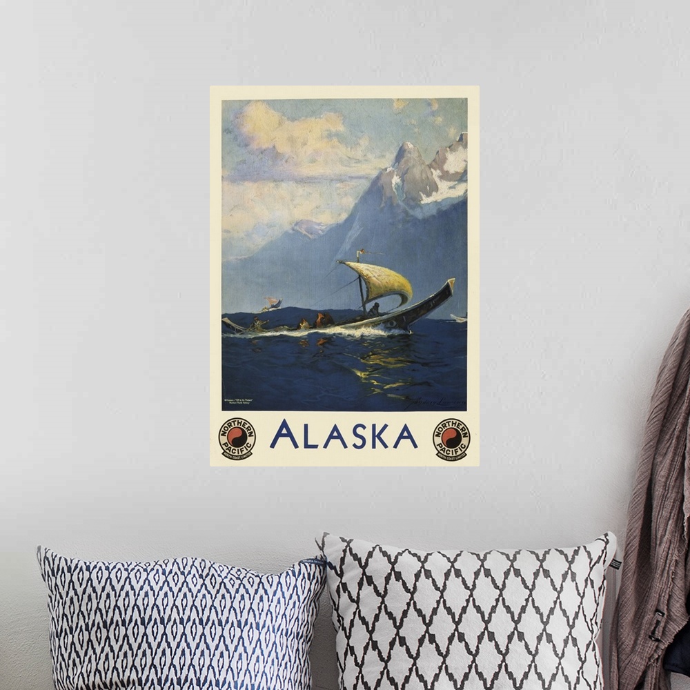 A bohemian room featuring Vintage travel poster for Alaska Northern Pacific, North Coast Limited, of umiaks carrying native...
