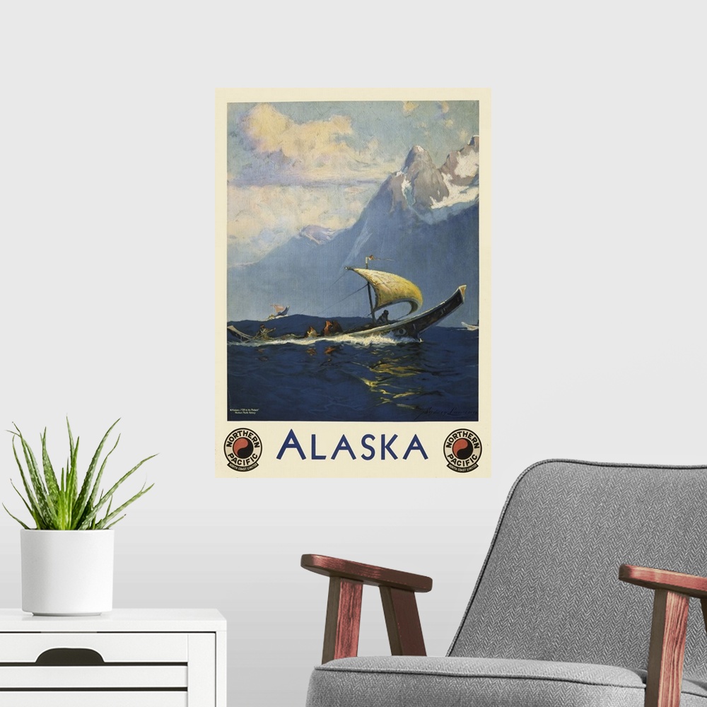 A modern room featuring Vintage travel poster for Alaska Northern Pacific, North Coast Limited, of umiaks carrying native...