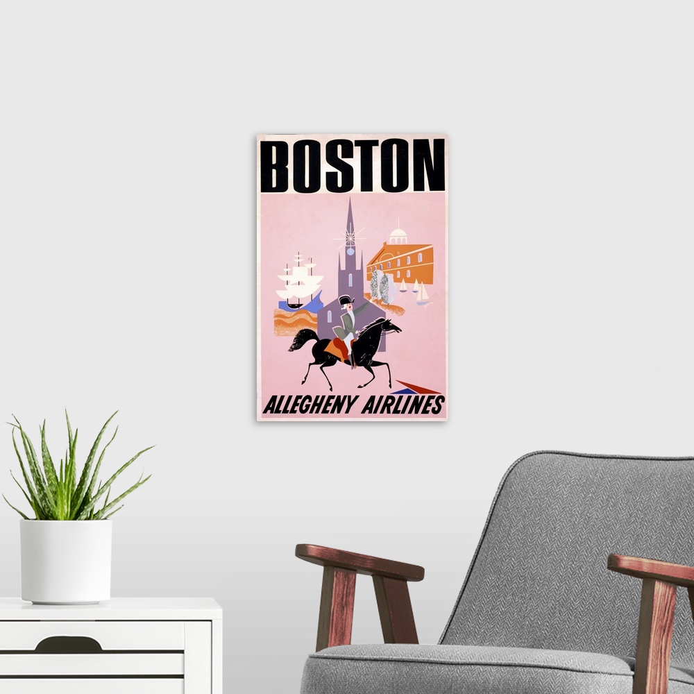 A modern room featuring Vintage Travel Poster For Allegheny Airlines To Boston Of Paul Revere On Horseback, 1950
