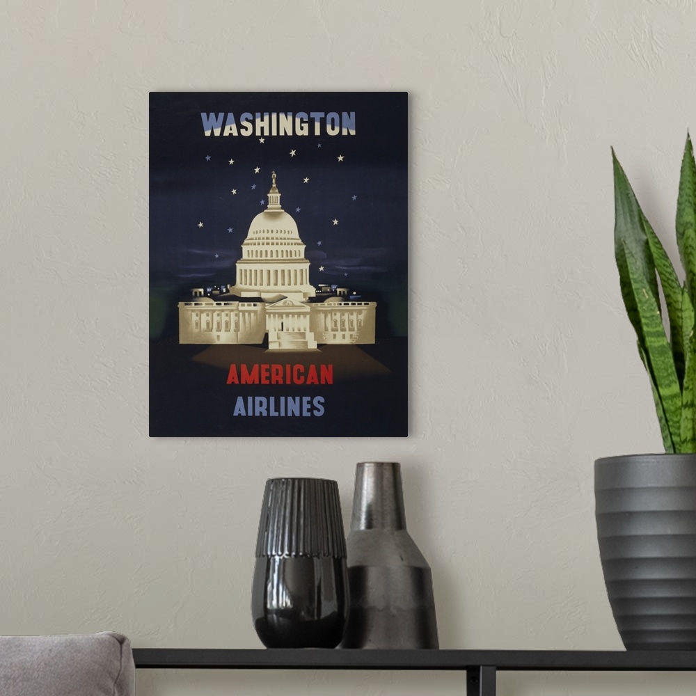 A modern room featuring Vintage Travel Poster For American Airlines To Washington DC, 1950