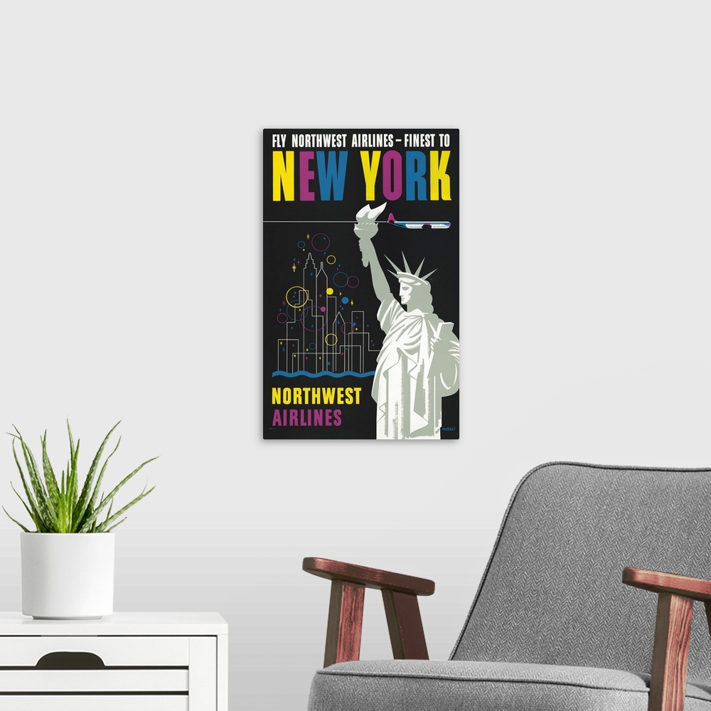 A modern room featuring Vintage Travel Poster For Flying Northwest Airlines To New York, Of Statue Of Liberty