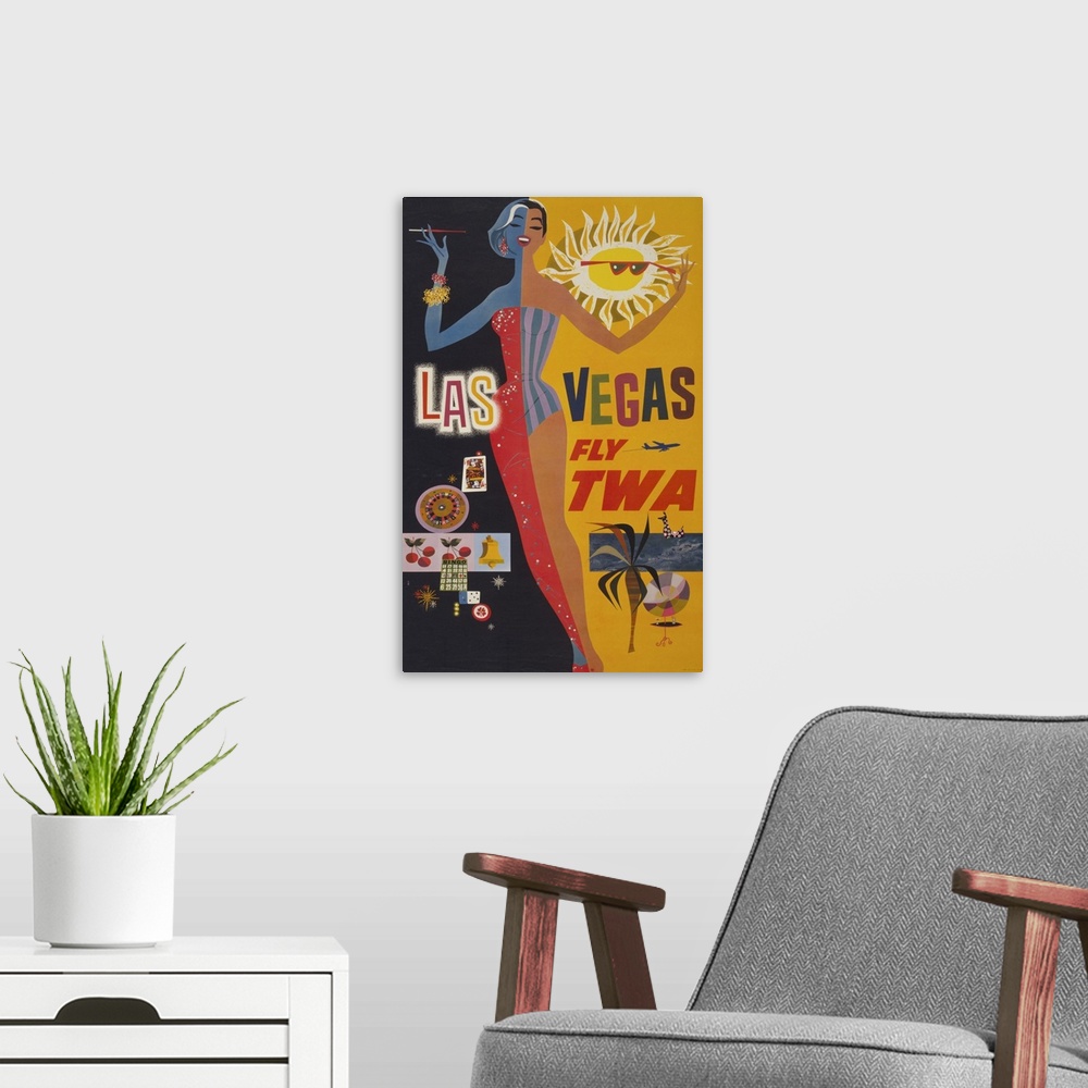 A modern room featuring Vintage Travel Poster For Flying TWA To Las Vegas, Of Graphics Of Gambling, 1960