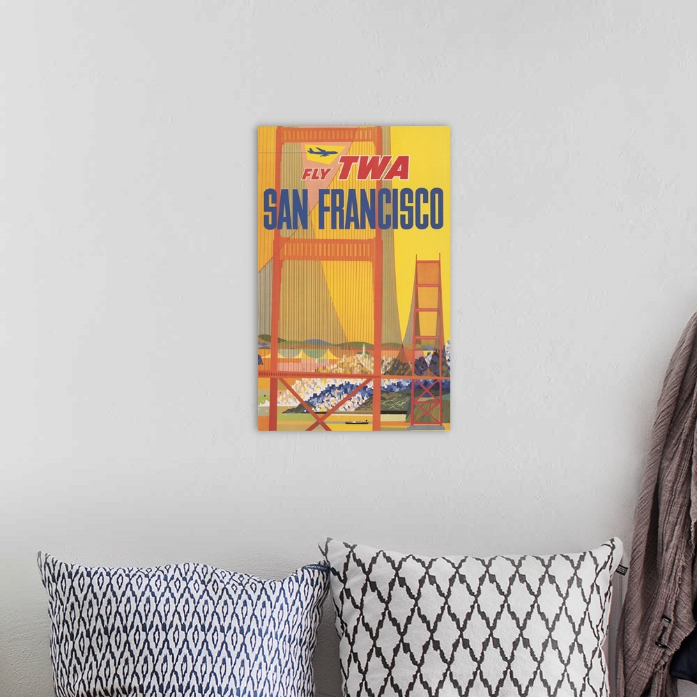 A bohemian room featuring Vintage Travel Poster For Flying TWA To San Francisco With The Golden Gate Bridge, 1957