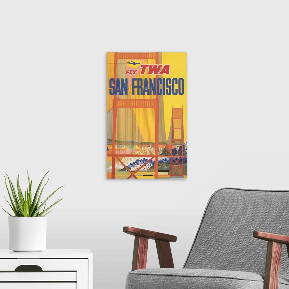 A modern room featuring Vintage Travel Poster For Flying TWA To San Francisco With The Golden Gate Bridge, 1957