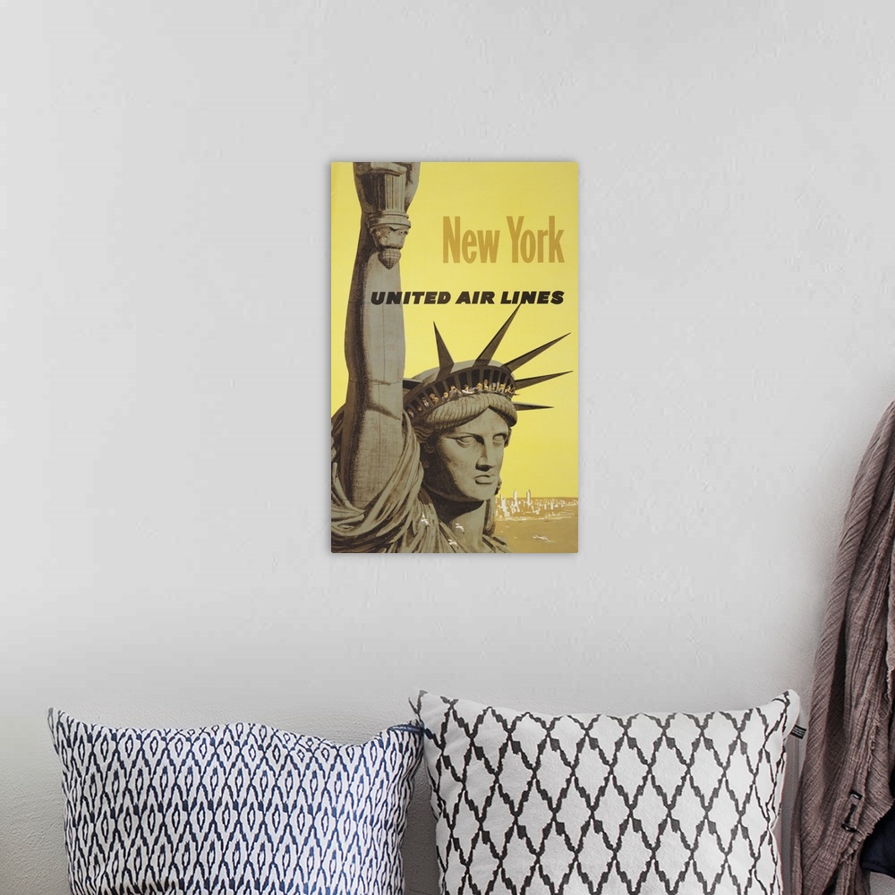 A bohemian room featuring Vintage travel poster for New York, United Air Lines, of people peering out the crown of the Stat...