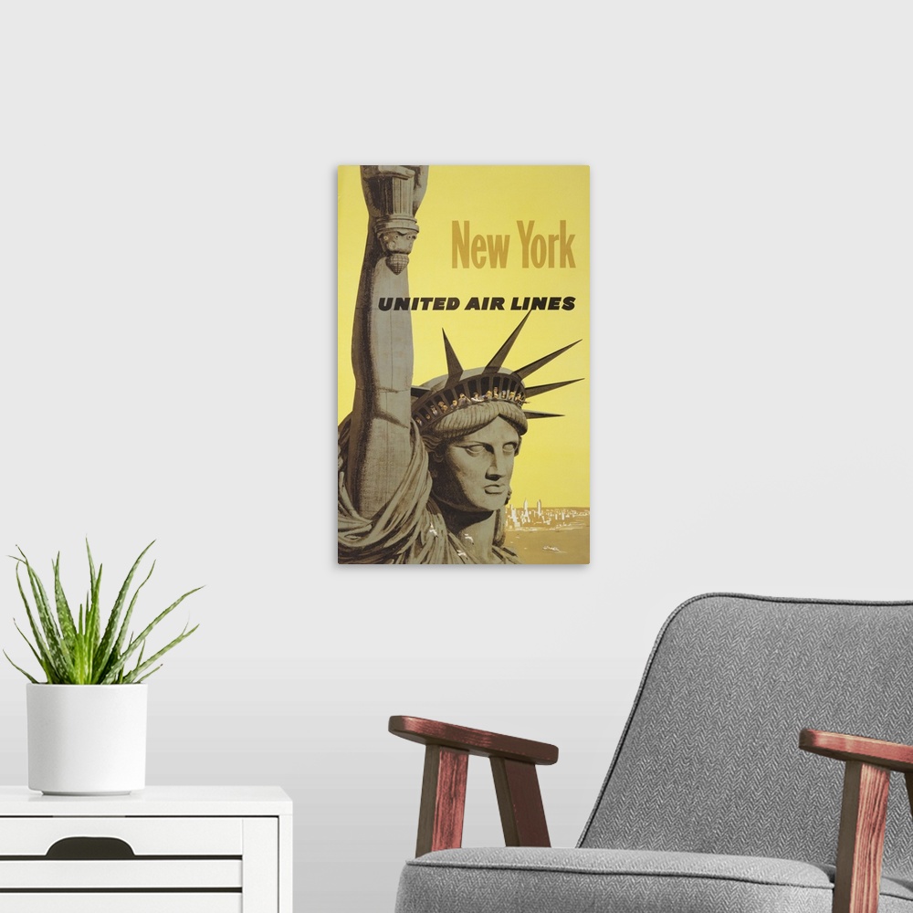 A modern room featuring Vintage travel poster for New York, United Air Lines, of people peering out the crown of the Stat...