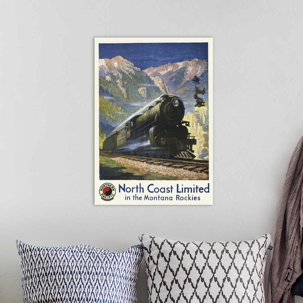 A bohemian room featuring Vintage travel poster for North Coast Limited in the Montana Rockies, of a steam engine in Bozema...