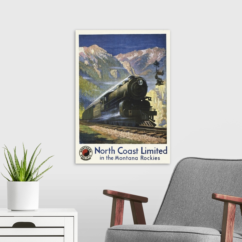 A modern room featuring Vintage travel poster for North Coast Limited in the Montana Rockies, of a steam engine in Bozema...
