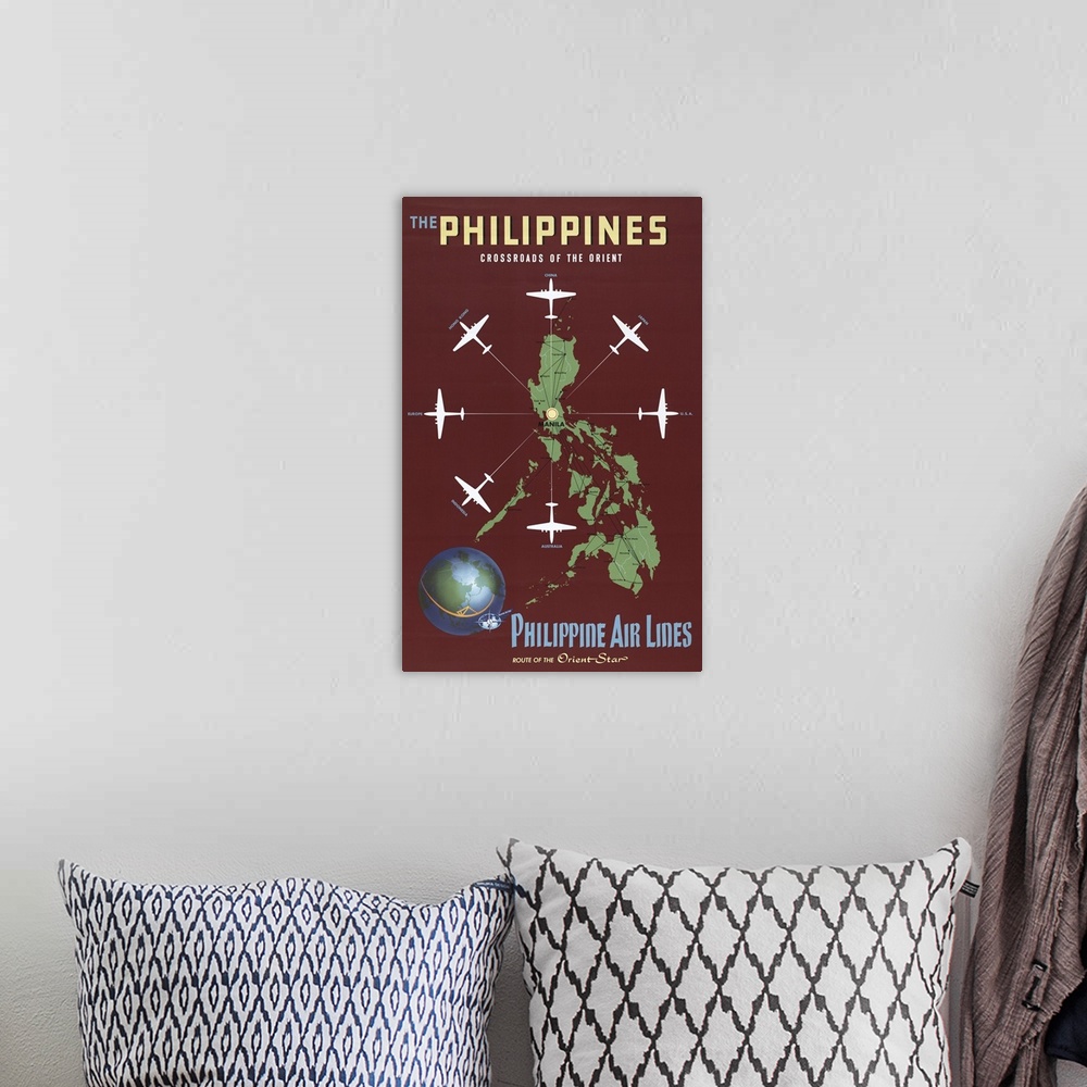 A bohemian room featuring Vintage Travel Poster For Philippine Air Lines, Of Airplanes Departing From Manila, 1930