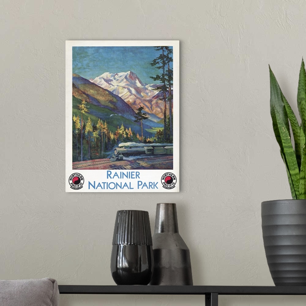 A modern room featuring Vintage travel poster for Rainier National Park, Northern Pacific North Coast Limited, 1920