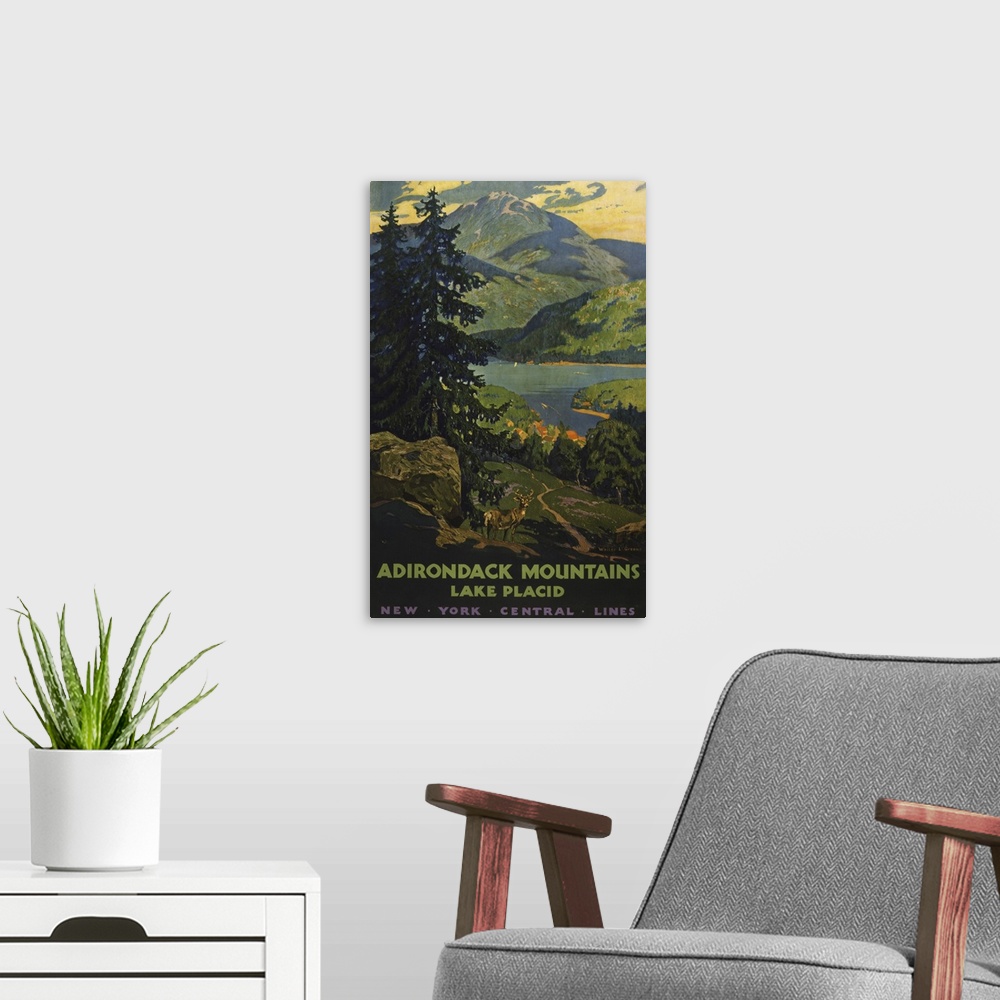 A modern room featuring Vintage travel poster for the Adirondack Mountains, of a view of Lake Placid with stag in the for...