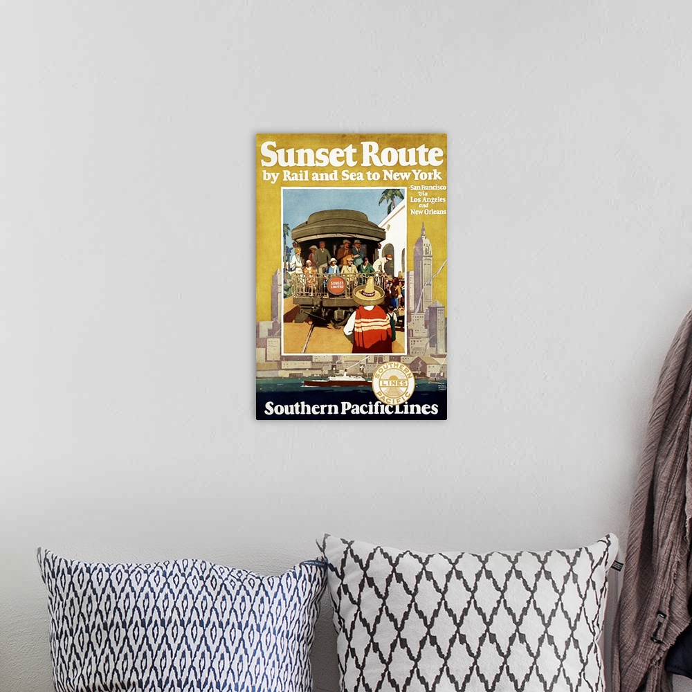 A bohemian room featuring Vintage travel poster for the Sunset route by rail and sea to New York Southern Pacific Lines, 1930
