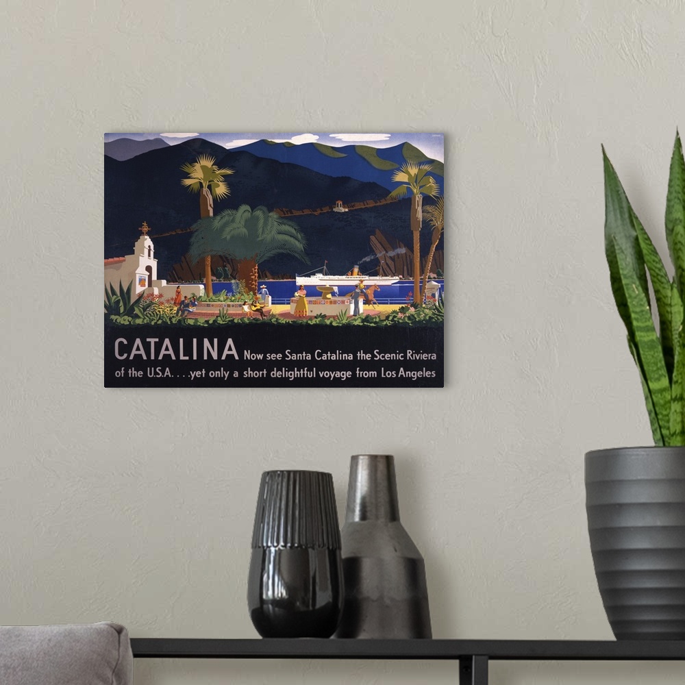 A modern room featuring Vintage Travel Poster For Tourism To Santa Catalina Island, California, 1935