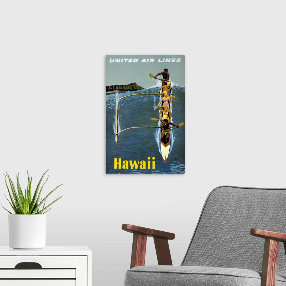 A modern room featuring Vintage Travel Poster For United Air Lines Of People Paddling A Canoe In Hawaii, 1960