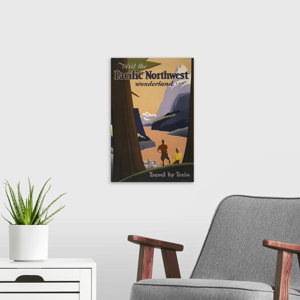 A modern room featuring Vintage travel poster of a man and woman looking out over mountains from among redwood trees, 1925