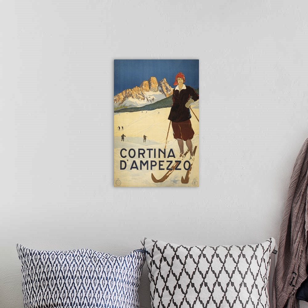 A bohemian room featuring Vintage Travel Poster Of A Woman Posed On Ski Slopes At Cortina d'Ampezzo, 1920