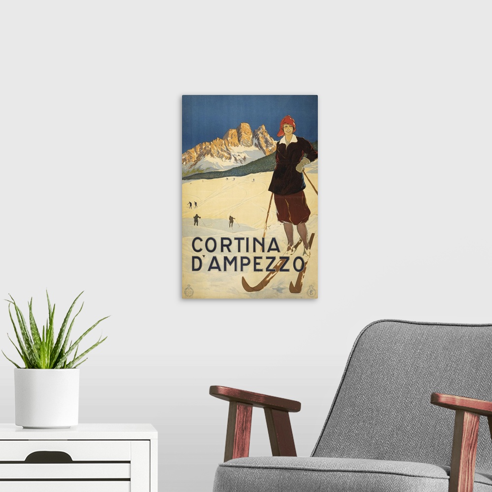 A modern room featuring Vintage Travel Poster Of A Woman Posed On Ski Slopes At Cortina d'Ampezzo, 1920