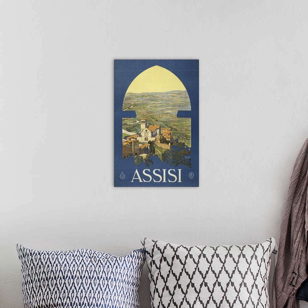 A bohemian room featuring Vintage Travel Poster Of Assisi, Italy, And The Countryside, 1920