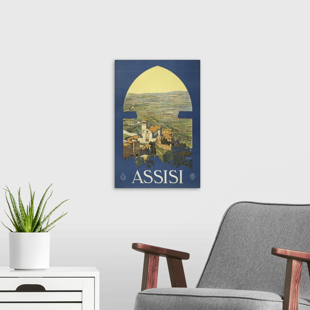 A modern room featuring Vintage Travel Poster Of Assisi, Italy, And The Countryside, 1920
