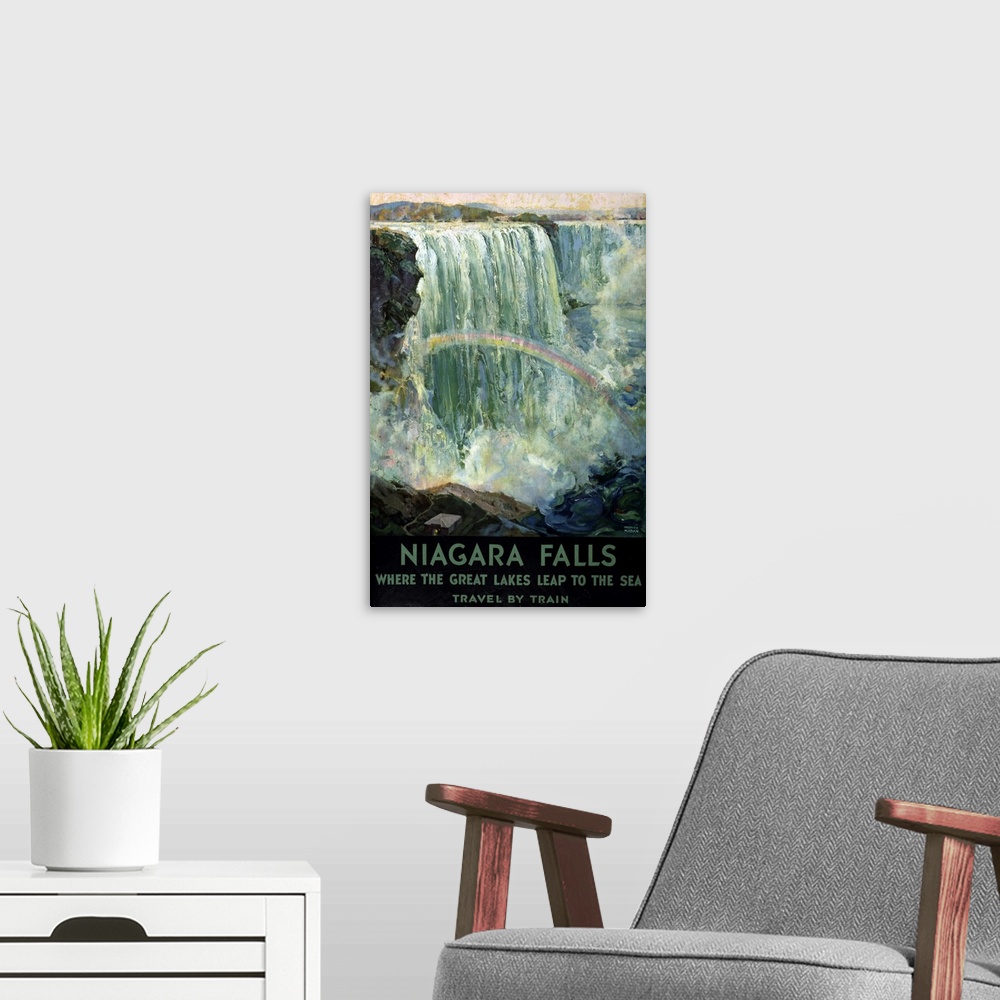 A modern room featuring Vintage Travel Poster Of Niagara Falls With A Rainbow In The Mist, 1925
