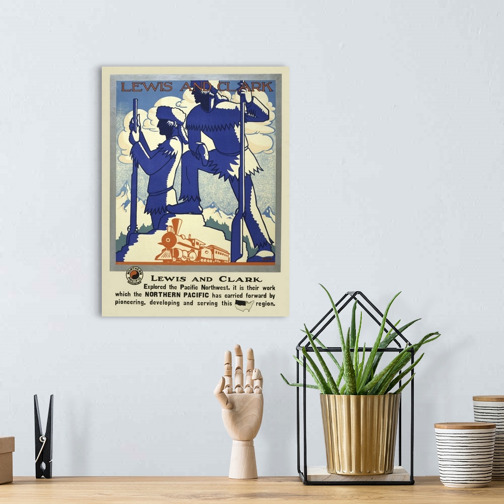 A bohemian room featuring Vintage Travel Poster Of Silhouettes Of Lewis And Clark With A Steam Train, 1920