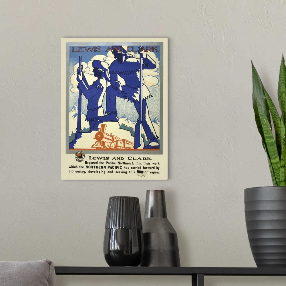 A modern room featuring Vintage Travel Poster Of Silhouettes Of Lewis And Clark With A Steam Train, 1920
