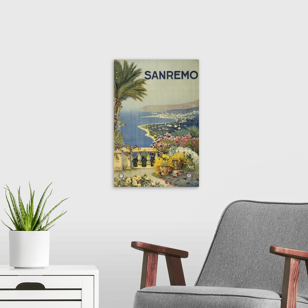 A modern room featuring Vintage Travel Poster Of The Coastline Of San Remo From A Terrace, 1920