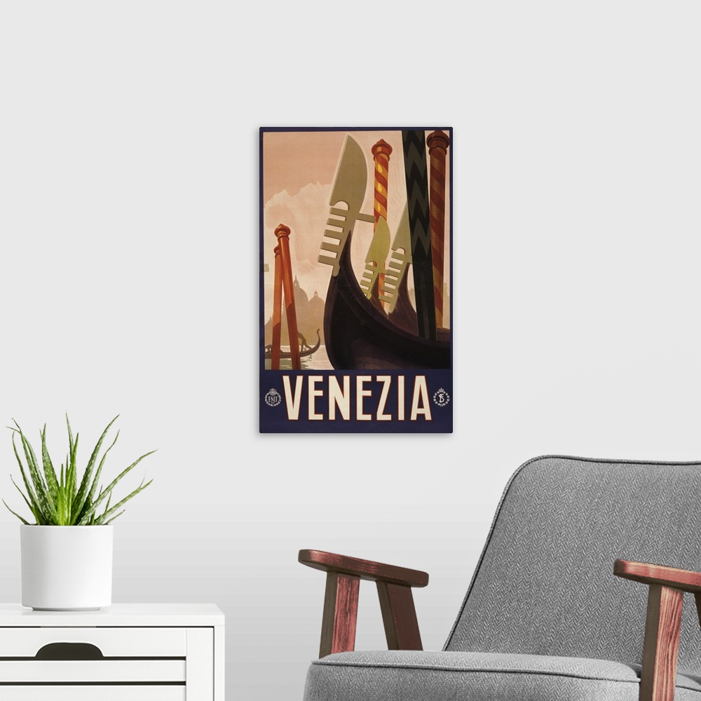 A modern room featuring Vintage Travel Poster Of The Decorative Prows Of Gondolas On A Canal In Venice, 1920