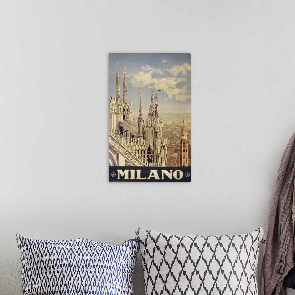 A bohemian room featuring Vintage Travel Poster Of The Roof And Spires Of A Cathedral In Milan, Italy, 1920